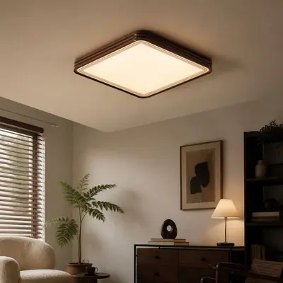 Solid Wood Ceiling Light, New Chinese Style, Walnut Color, Full-Spectrum Eye Protection