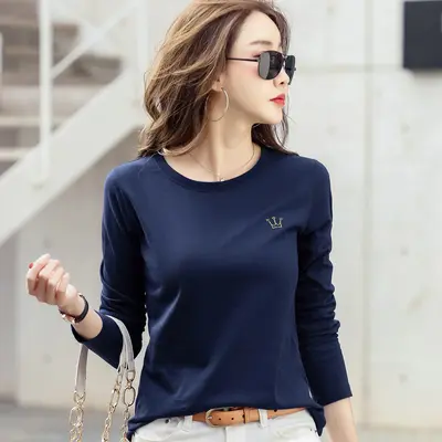 Kadın Pamuklu Uzun Kollu Nakışlı T-Shirt Sonbahar Kış Düz Renk