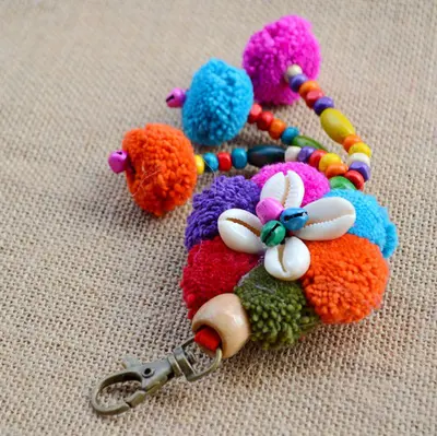 Ethnic Style Handmade Shell Pom-Pom Keychain and Bag Charm