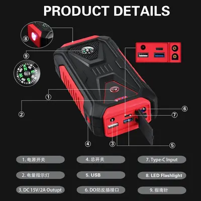 12V Portable Car Battery Jump Starter, Emergency Power Supply, Multifunctional - 3