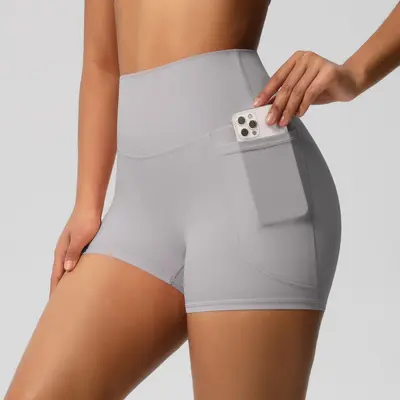 Kadın yüksek belli cepli yoga şortu, üç çeyrek boy, yüksek elastikiyet - 13