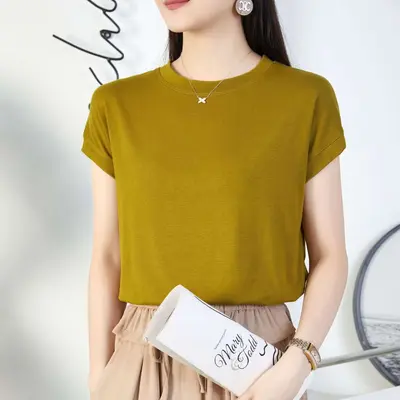 TikTok Fledermaus-Ärmel T-Shirt für Frauen, Rundhalsausschnitt, Sommer einfarbig, einfaches Farbblock-Design mit kurzen Ärmeln, Freizeit für Frauen, vielseitig, lockeres Kurzarm-T-Shirt. - 10