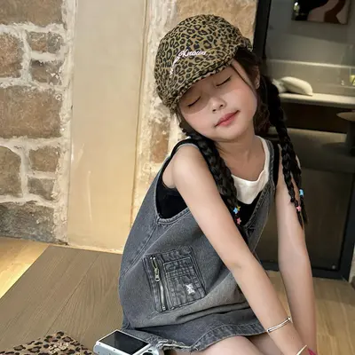 Kız Çocuk Leopar Desenli Yaz Şapkası, Güneş Koruyucu Bere