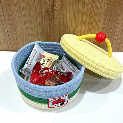 Woven Desktop Storage Basket with Lid, Cosmetic Organizer - 4