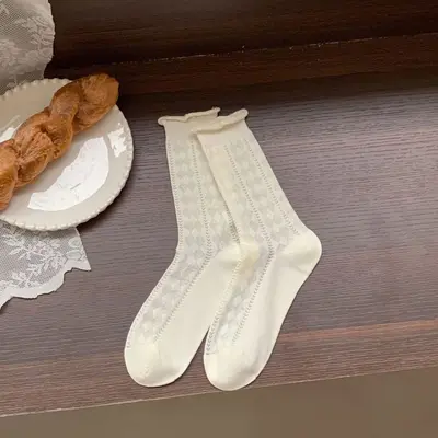 Women's Milky White Shalwar Socks, Thin Summer Lace Loafer Socks, Mid-Calf - 7