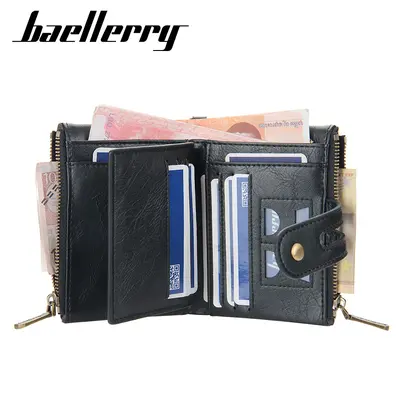 Men's short wallet, large capacity, double zipper, multi-card slots, anti-lost chain - 5
