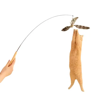 Cat Teaser Wand with Rotating Bamboo Dragonfly, Bell Feather Replacement Heads - 6