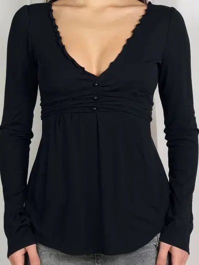 Damen Langarmshirt mit V-Ausschnitt, Rüschen, A-Linie, einfarbig