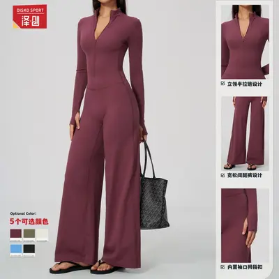Damen Reißverschluss-Yoga-Overall, langarm, mit weitem Bein