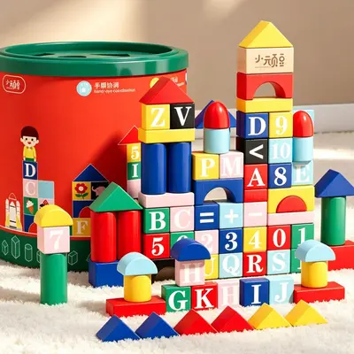 Montessori Large Solid Wood Blocks, Geometric Shapes and Color Learning Toy