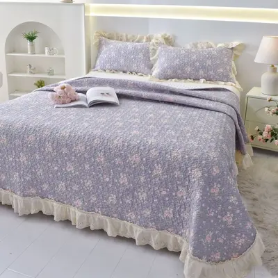 Fransız retro çiçekli %100 pamuk yatak örtüsü takımı, 3 parça, dantelli