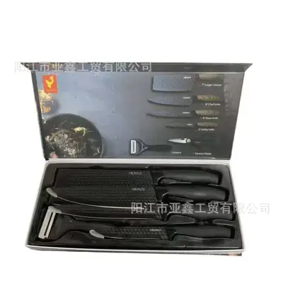 跨境刀具套装肥仔柄木纹披覆六件套厨房套刀带瓜刨彩盒装现货批发 - 8