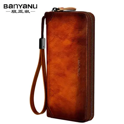 Banyanu Men's Long Zipper Wallet, Large Capacity, Genuine Leather - 8