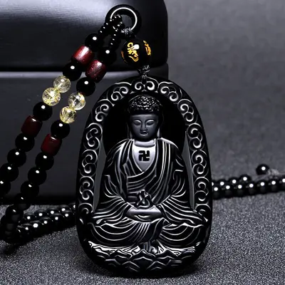 Halskette mit natürlichem Obsidian-Buddha-Anhänger, 12 Tierkreiszeichen
