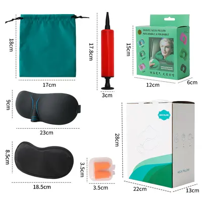 U-shaped pillow accessory set with bag, mask and earplugs