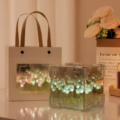 Handgefertigte DIY-Blumenwürfel Tulpe fertiges Produkt Nachtlampe kreative Schreibtischlampe Atmosphärenleuchte Dekoration Valentinstagsgeschenk - 8