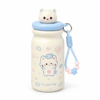 Sevimli KT Kedi Desenli 316 Paslanmaz Çelik Termos Bardak, Çay Bölmeli, Pipetli, 500 ml - 6