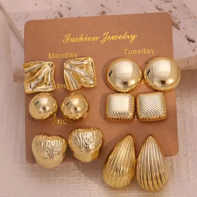 6pcs European and American Cross-border New Fashion Simple Creative Personality C-shaped Water Drop C-shaped Beaded Earrings Geometric Hollow
