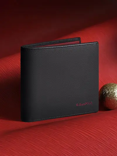 Men's Genuine Leather Short Wallet with Red Lining - 1