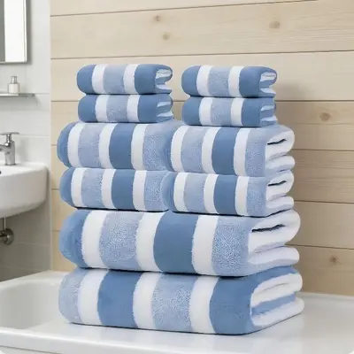 跨境条纹珊瑚绒毛巾大浴巾方巾8件套装柔软吸水宽条洗脸毛巾towel - 2