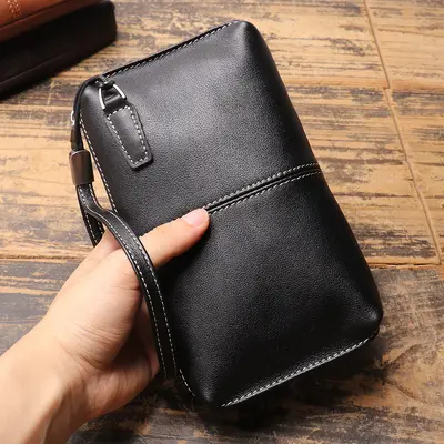 Men's Genuine Leather Clutch and Long Wallet, Soft Leather, Zipper, Cowhide - 4