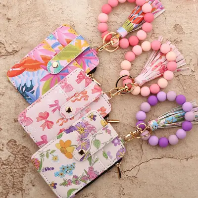Floral PU Leather Women's Card Holder Wallet with Silicone Bead Bracelet