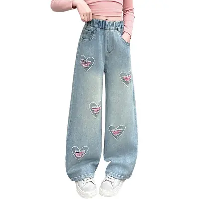 Kız Çocuk Düz Paça Geniş Kot Pantolon, Okul Çağı İçin