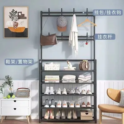 Multi-Layer Floor Shoe Rack with Integrated Coat and Hat Hanger