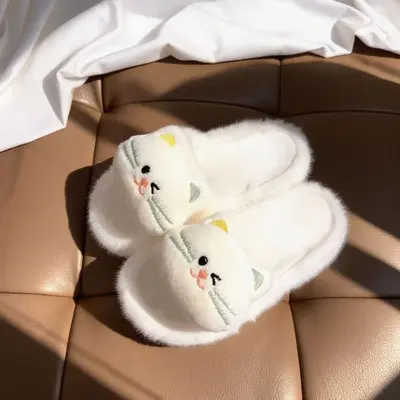 Kedi Desenli Peluş Terlik, Kadın, Dışarıda Giyilebilir, Kaymaz Kalın Taban
