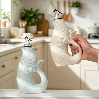 Keramik-Olivenölkanne mit handgemaltem Fischdesign, automatischer Deckel, Sojasauce-Essig-Gewürzflasche für Küche, grenzüberschreitend beliebtes Produkt