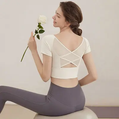 Women's Open-Back Short-Sleeve Yoga Top with Built-in Chest Pads - 8