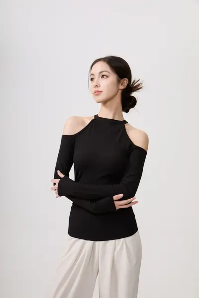 Uzun Kollu Slim Fit Omuz Açık Spor Üst, Pilates ve Yoga İçin - 6