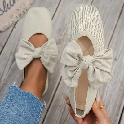 Women's Autumn Bow Knit Square-Toe Flat Shoes, Plus Size - 8