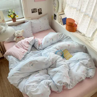 Grade A Mother and Baby Ultra-Soft Four-Piece Water-Washed Cotton Bedding Set with Fitted Sheet Duvet Cover Student Dormitory Three 4-Piece Bed Set A - 7