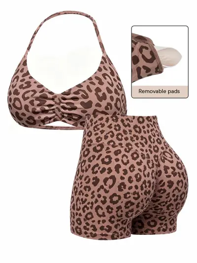Seamless High-Stretch Women's Yoga Set with Halter Bra and Three-Quarter Leggings - 7
