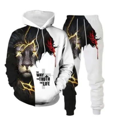 Men's Animal Print Hooded Sweatshirt Set, Spring Autumn, European Style - 12