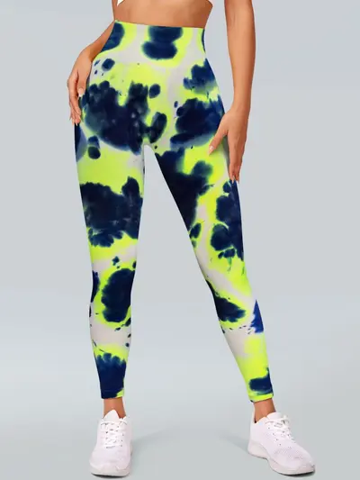 Sports yoga fitness seamless leggings, blue-green tie-dye, high-waist women's
