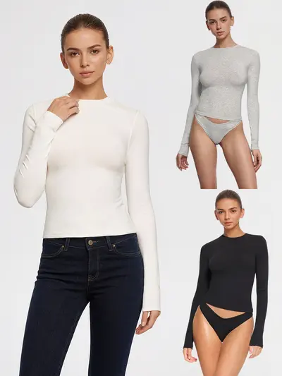 Fitted Drop-Shoulder Women's Long-Sleeve T-Shirt, Fleece-Lined, Autumn/Winter