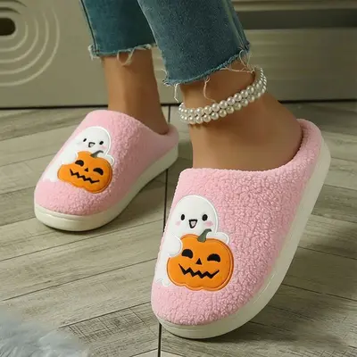 Halloween Pumpkin Cartoon Warm Winter Cotton Slippers, Unisex Couple Style