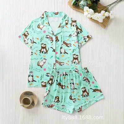Women's Pajama Set with Pink Dinosaur Print and Button-Up Lapel - 3