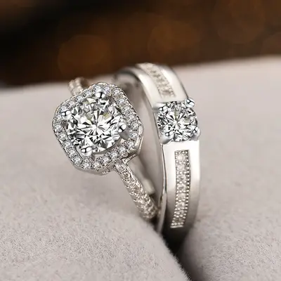 Trauringe für Paare, simulierter Diamant, Silberdesign - 3