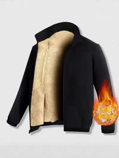 Herren-Übergrößen-Jacke mit Lammfell-Futter, Stehkragen