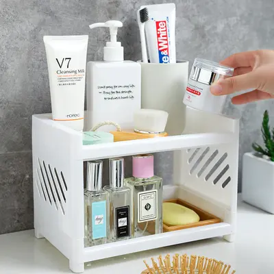 Plastic double-layer bathroom and kitchen storage shelf - 7