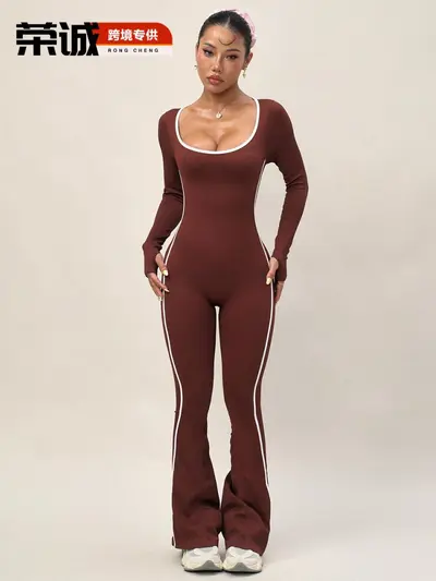欧美跨境长袖瑜伽连体服女美背撞色运动喇叭裤速干健身长裤瑜伽服 - 6