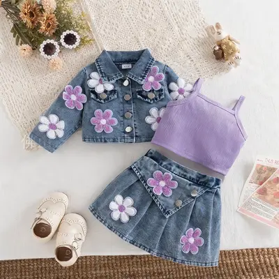 Girls' Three-Piece Set, Washed Denim Jacket, Strap Top and Pleated Denim Skirt - 1