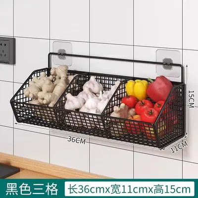 Kitchen wall mounted storage shelf for onion, ginger and garlic, iron art shelf, no drilling hanging spice rack, wall mounted drainage basket.