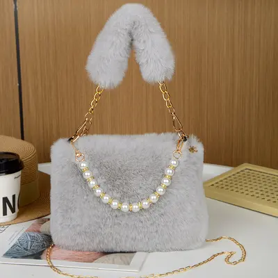 Rabbit Fur Plush Pearl Handbag with Chain Strap - 9