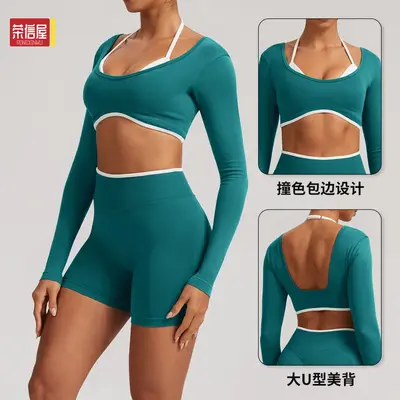 Dikişsiz sahte iki parça kadın spor üstü, uzun kollu, koşu ve fitness