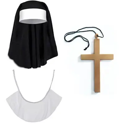 Halloween Nun Costume, Cross Print, Black and White Uniform