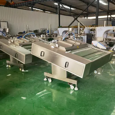 Continuous vacuum sealing machine for meat and seafood